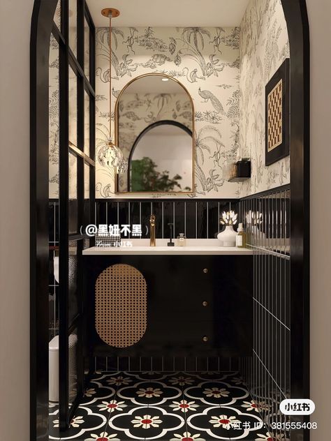 Japanese Wallpaper Bathroom, Toilet Room Wallpaper Ideas, Shower Tile Mosaic, Showering Tips, Bathroom Design With Wallpaper, Shower Upgrades, Baby Shower Aesthetic, Arched Cabinets, Funky Bathrooms