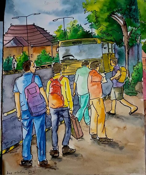 Tea Stall Composition Painting, Bus Stand Composition, Tea Stall Composition, Tea Stall Drawing Composition, Tea Stall Drawing, Stall Drawing, Composition Watercolor, Toilet Paper Flowers, Tea Stall