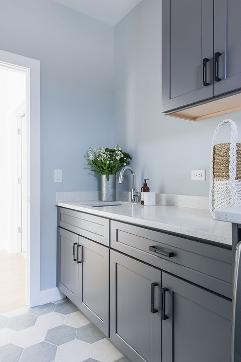 Grizzle Gray SW 7068 by Sherwin Williams Grizzle Gray Cabinets, Gray Laundry Room Cabinets, Shaker Laundry, Cabinets With Brass Hardware, Gray Laundry Room, Grizzle Gray, White Apron Sink, Gray Sherwin Williams, Gray Shaker Cabinets