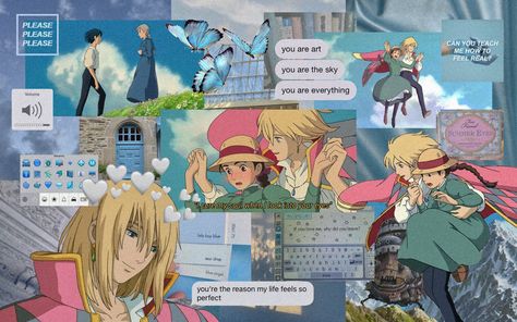 Light Blue And White Aesthetic, White Aesthetic Desktop, Blue And White Aesthetic, Howls Moving Castle Wallpaper, Anime Computer Wallpaper, Studio Ghibli Background, Wallpaper Notebook, Computer Wallpaper Desktop Wallpapers, Cute Laptop Wallpaper