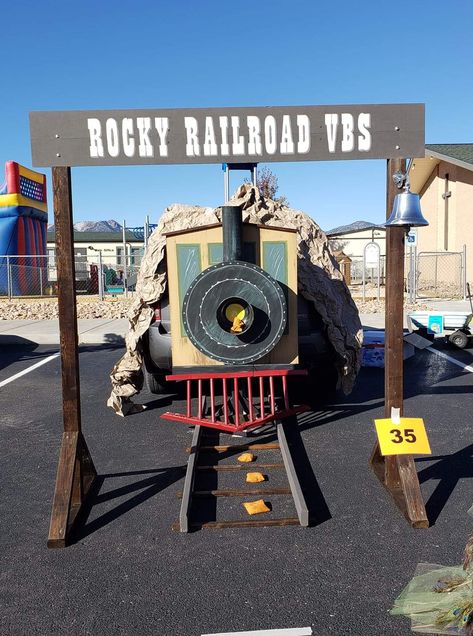 Train Trunk Or Treat Ideas, Train Trunk Or Treat, Western Trunk Or Treat, Western Trunk, Vbs Train Theme, Trunk Or Treat Games, Train Vbs, Church Trunk Or Treat, Rocky Railway Vbs