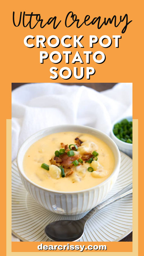 Ultra Creamy Crock Pot Potato Soup is the ultimate comfort food meal. Creamy Velveeta cheese, tender Yukon Gold potatoes, and a hint of garlic meld together in a slow-cooked symphony. With a rich, velvety texture and optional crispy bacon and green onions, this soup promises a heartwarming experience in every spoonful. Perfect for cozy nights in! Cream Of Potato Soup Recipes Crock Pot, Instant Pot Cream Of Potato Soup, Cheesy Bacon Potato Soup Crockpot, Potato Soup With Yukon Gold Potatoes, Crockpot Creamy Potato Soup Recipes, Velveeta Potato Soup Crockpot, Award Winning Potato Soup, Yukon Gold Potato Soup Recipe, Slow Cooker Creamy Potato Bacon Soup