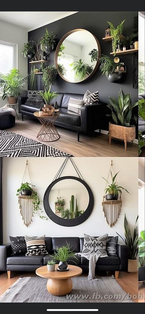 Plant Theme Living Room Decor, Black And Natural Living Room Ideas, Boho House Plant Decor, Living Room Decor Inspo Aesthetic, Wood On Black Wall, Living Room Black Wall Decor Ideas, Black Lounge Wall, Black Decor With Plants, Industrial Decor With Plants