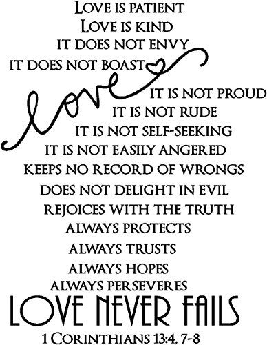 #3 Love is patient, love is kind. It does not envy, it does not boast, it is not proud, it is not rude, it is not self-seeking, it is not easily angered, keeps no record of wrongs, does not delight in evil, rejoices with the truth, always protects, always trusts, always hopes, always peseveres. Love never fails 1 Corinthians 13:4, 7-8 religious wall quotes inspirational sayings vinyl decal art Maid Of Honor Speech, Love Is Patient Love Is Kind, Bible Love, Love Never Fails, Kindness Quotes, Love Is Patient, Scripture Verses, Wall Quotes, Bible Quotes