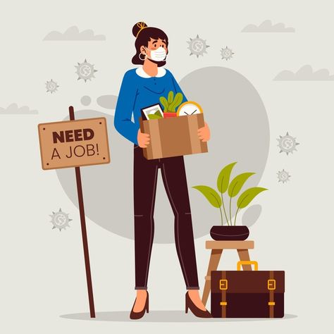 Unemployment Poster, Job Illustration, New Job Illustration, Unemployment Illustration, Career Ladder Illustration, Business Flats, Carrying Boxes, Need A Job, Lost Job