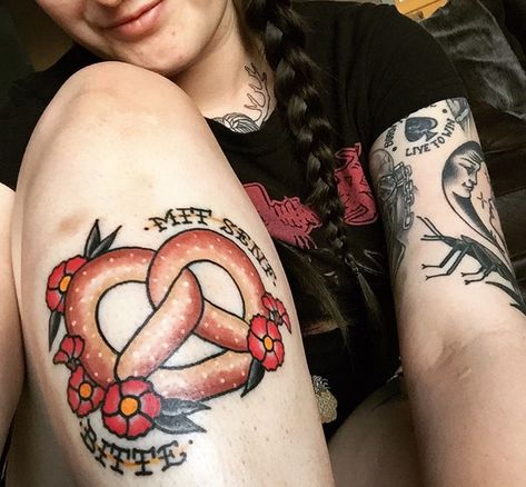 Traditional Pretzel Tattoo, Soft Pretzel Tattoo, Pretzel Tattoo, Pig Tattoo, Food Tattoos, Traditional Style Tattoo, Leg Tattoo, Soft Pretzels, American Traditional