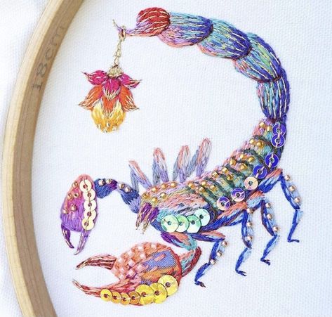 Scorpion Embroidery, Kimika Hara, Embroider Ideas, Ninja Training, Scorpio Season, Tokyo City, Sequin Embroidery, Sewing Embellishments, Animal Embroidery