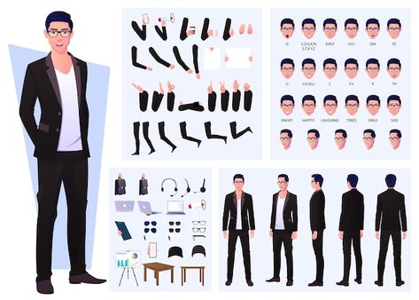 Man Wearing Suit, Free Cartoon Characters, How To Fix Glasses, Female Engineer, Character Turnaround, Hand Gestures, Character Template, Character Model Sheet, Character Model