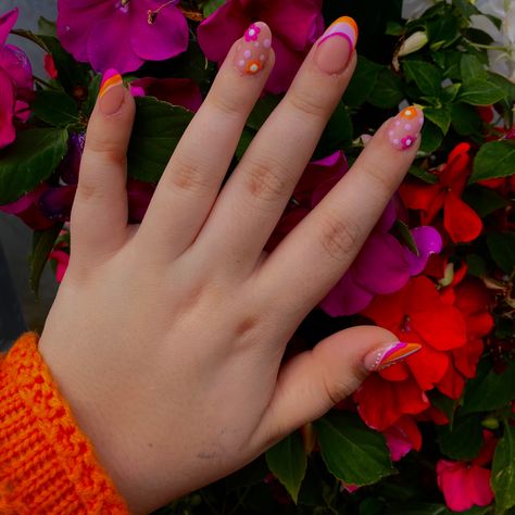 almond shape bright colored nails pink orange white flowers Subtle Pride Nails Pan, Lesbian Pride Nails Designs, Lesbian Flag Nails Design, Pride Nails Subtle, Lesbian Color Nails, Lesbian Nail Ideas, Subtle Pride Nails Short, Pride Nails 2023, Pan Nails Pride