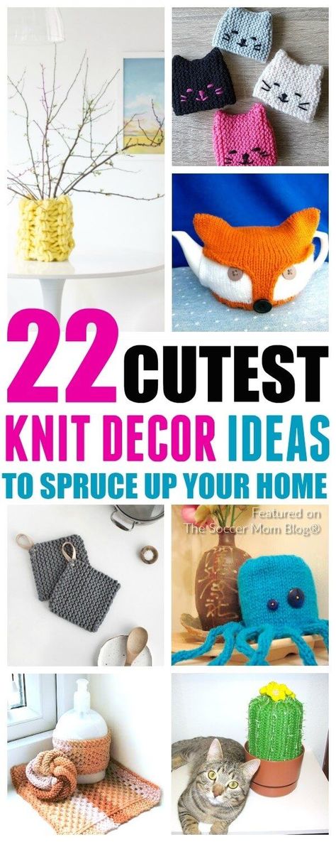 Add some personality to your kitchen and bath with this collection of ridiculously cute knitting projects! Free knitting patterns for all skill levels.    #knit #knitting #home #decor #crafts via @soccermomblog Knitted Home Accessories, Knit Home Decor Patterns, Knit Home Decorating, Cute Knitting Projects, Simple Knitting Projects For Beginners, Fun Knitting Projects, Quick Knit Gifts, Unique Knitting Projects, Knit Home Decor