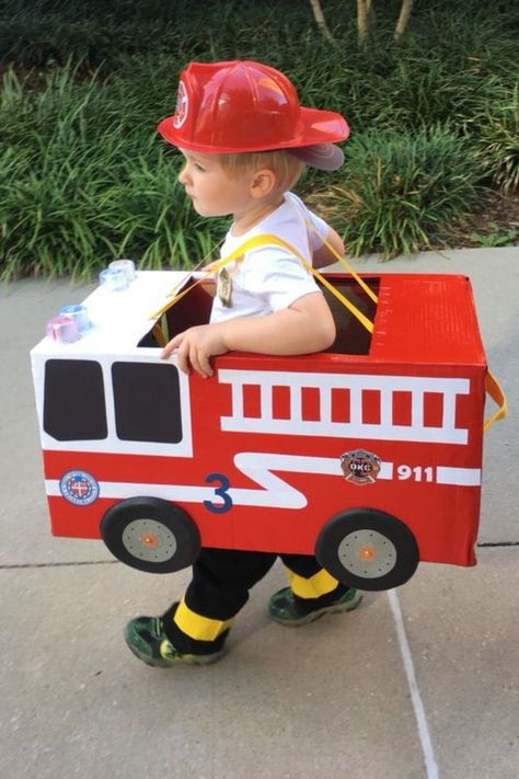 Fire Truck Costume, Best Toddler Costumes, Cute Toddler Costumes, Truck Costume, Unique Toddler Halloween Costumes, Toddler Boy Halloween Costumes, Homemade Costumes, Halloween Pins, Boy Halloween Costumes