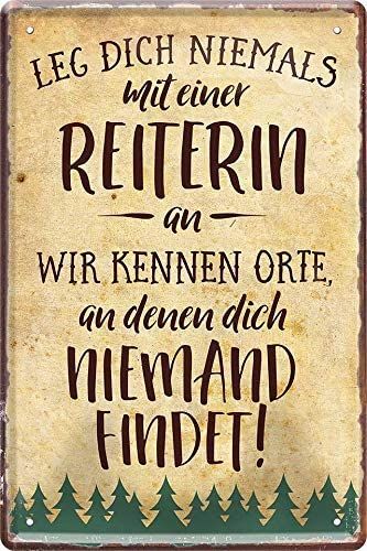 Lustiger Pferde Spruch “LEG DICH NIEMALS MIT EINER REITERIN AN. WIR KENNEN ORTE, AN DENEN DICH NIEMAND FINDET!” Gewölbtes Blech und abgerundete Ecken machen dieses Wand Blechschild zum absoluten Hingucker. Ideal für alle Pferdefans, Pferdebesitzer und Reiterin. SUPER PRAKTISCH: Das Blech-Schild im beliebten 20 x 30 cm Format mit vorgebohrten Löchern - kann kinderleicht überall angebracht werden... *Pin enthält Werbelink Hobby Room, Magnetic Wall, Private Life, Name Day, Sewing Rooms, Love Letters, Tin Signs, Funny Quotes, Magnets