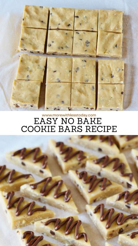 A closeup of No Bake Cookie Bars Easy Cookie Dough Recipe, No Bake Cookie Bars, Simple Cookie Dough Recipe, Chocolate Chip Cookie Dough Bars, Easy Cookie Dough, Easy No Bake Cookies, No Bake Cookie, No Bake Cookie Dough, Cookie Dough Recipe