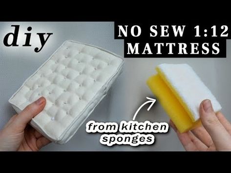 (19) 1:12 Scale Dollhouse Mattress from kitchen sponges (NO SEW TUTORIAL) - YouTube Barbie Mattress Diy, Diy Dollhouse Mattress, How To Start Making Miniatures, How To Make A Mini Bed, 1:12 Scale Bookcase Diy, Dollhouse Mattress Diy, Diy Dollhouse Sofa 1:12, Barbie Doll Bed Diy, Miniature Bed Diy