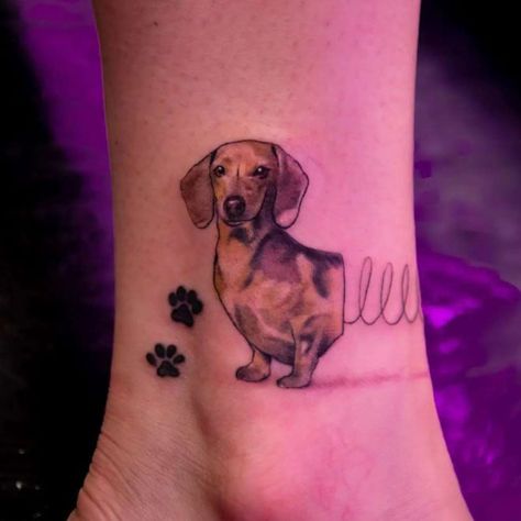 slinky pet dog tattoo Slinky Dog Tattoo, Slinky Tattoo, Pet Dog Tattoo, Dachshund Tattoos, Dachshund Tattoo, Slinky Dog, Dog Outline, Dachshund Design, Detailed Tattoo