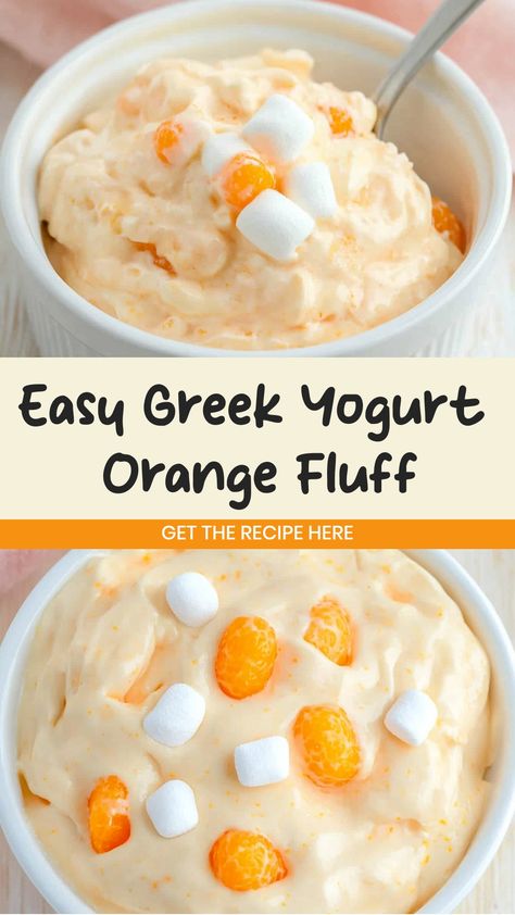 Indulge in the luscious goodness of this creamy Greek yogurt orange fluff dessert. Perfect for satisfying your sweet tooth while still keeping it light and refreshing. The tangy citrus flavor of oranges combined with the silkiness of Greek yogurt creates a delightful treat that you won't be able to resist. Whether you're hosting a party or simply craving a guilt-free dessert, this recipe is sure to become a favorite. Bariatric Greek Yogurt Recipes, Orange Fluff With Greek Yogurt, Jello Yogurt Fluff, Orange Fluff Dessert, Greek Yogurt Dessert Healthy, Greek Yogurt Dessert, Best Greek Yogurt, Fruit Salad With Yogurt, Orange Fluff