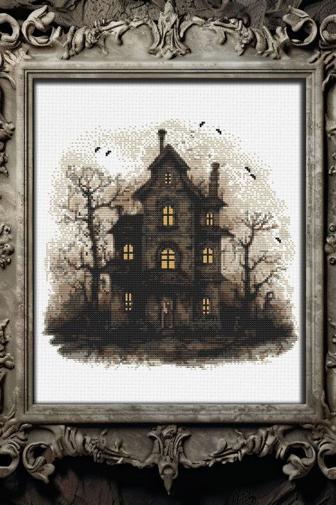 Creepy house cross stitch pattern PDF - gothic occult spooky horror dark halloween haunted house haunted mansion big Dark Cross Stitch Patterns, Spooky Cross Stitch, House Cross Stitch, Gothic Mansion, Creepy Houses, Dark Halloween, Halloween Haunted House, Halloween Cross Stitches, Halloween Haunted Houses