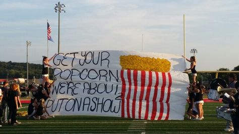 Get you popcorn we're about 2 put on a show. Football run in sign our cheerleaders made for our rival fb game. Bulldogs Cheer, Football Run, Cheer Posters, Fb Games, Cheer Signs, Football Signs, In Sign, Sign Ideas, Poster Ideas