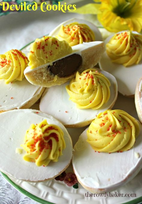 Easy shortbread cookies are decorated to resemble deviled eggs, from The Rowdy Baker Devilled Eggs Easter, Deviled Eggs That Look Like Flowers, Deviled Eggs That Look Like Tulips, Celebration Meals, Easter Deviled Eggs Chicks, Devilled Eggs Fancy, Easy Shortbread Cookies, Easy Shortbread, Shortbread Cookies Easy