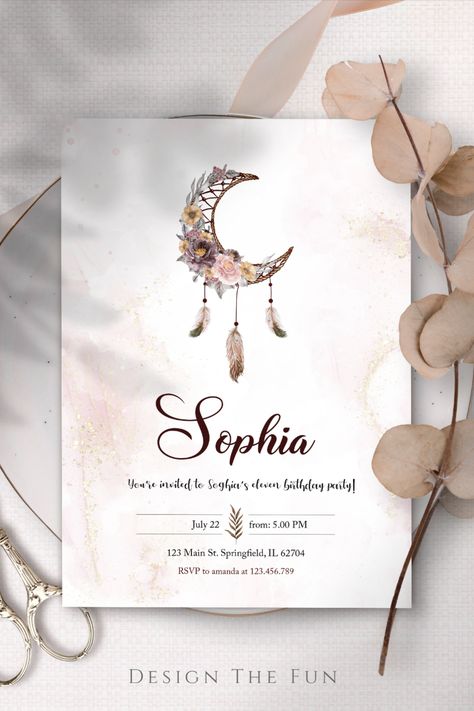 Join us for a dreamy Birthday Celebration with our Pink and Gold Marble-themed Invitation! Set against a mesmerizing marble background in shades of pink and gold, our design features a crescent moon-shaped Dreamcatcher. The moon is adorned with delicate pastel-toned flowers, creating a magical atmosphere. Don't miss this enchanting invitation, promising a celebration filled with dreams and beauty! Bohemian Debut Theme, Bohemian Debut, Boho Themed Invitation, Boho Birthday Invitations, Boho Invitations Birthday, Boho Theme Invitation Birthday, Debut Theme, Bohemian Invitation, Bohemian Birthday