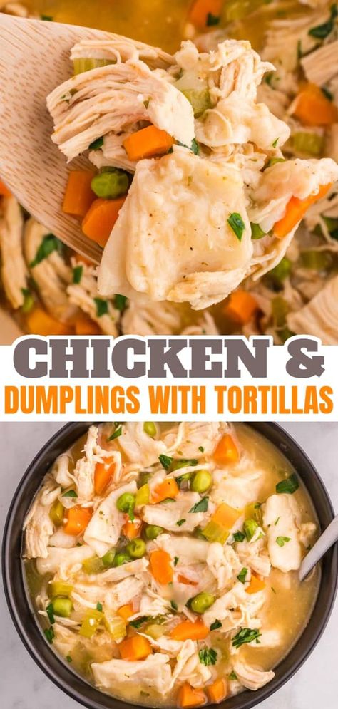 Chicken and Dumplings with Tortillas is a twist on a classic comfort food recipe loaded with shredded chicken breast, carrots, celery, onion, peas and flour tortilla recipes all cooked in a delicious chicken broth. Chicken Dumplings With Tortillas, Chicken And Dumplings Made With Flour Tortillas, Easy Chicken And Dumplings With Tortillas, Tortilla Chicken And Dumplings, Chicken And Dumplings Tortillas, Chicken And Dumplings With Tortillas, Chicken And Dimplings, Flour Tortilla Recipes, Baked Chicken And Dumplings