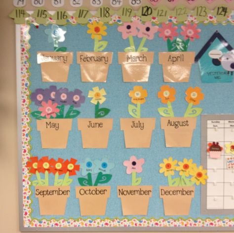 Birthday Garden: each month is a flower pot blooming with different birthdays. Daycare Calendar Ideas, Flower Birthday Board Classroom, Ways To Display Birthdays In Classroom, Blooming Birthday Bulletin Board, Garden Birthday Board Classroom, Flower Birthday Wall Classroom, Birthday Ideas For Classroom Wall, Birthday School Board, Cute Birthday Boards For Classroom