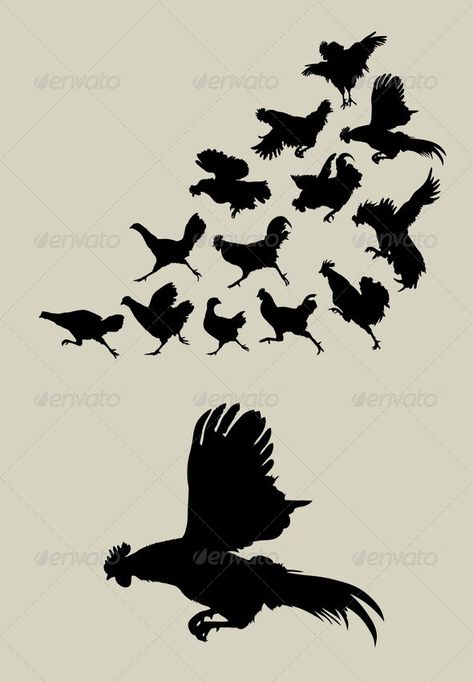 Chicken or Rooster Running Silhouettes  #GraphicRiver Running Drawing, Chicken Clipart, Rooster Silhouette, Chicken Tattoo, Rooster Tattoo, Fly Drawing, Chicken Drawing, Chicken Logo, Chicken Illustration