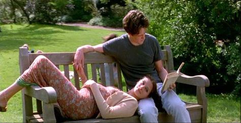 Notting Hill final scene - to be recreated at a bench at the Botanic Garden with hubby holding a tablet instead of a book Ladies Movie Night, Notting Hill Movie, Richard Curtis, Ronan Keating, Eric Roberts, Clive Owen, Hugh Grant, Bridget Jones, Jude Law