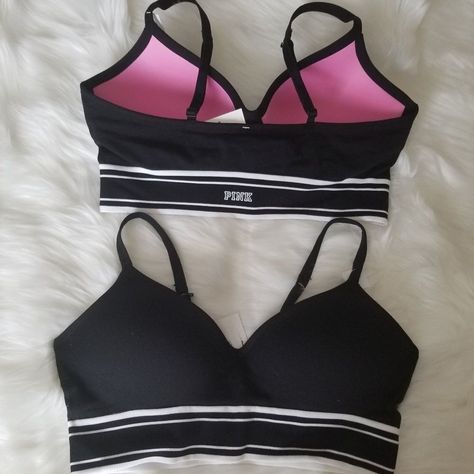 Victoria's Secret Pink Collection 507 Black Lightly Lined Pink Logo Bralette Sport Bra Victoria Secret Pink Logo, Vs Pink Bras, White Lace Bralette, Pink Lace Bra, Victoria Secret Pink Bras, Pink Lace Bralette, Vs Bras, Pink Bralette, Black Lace Bralette