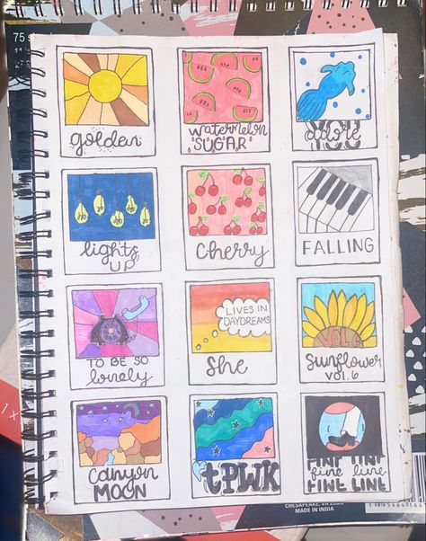 Pg.22: Harry Styles/Polaroid Edition 🍉🍒 Harry Styles Art Ideas Easy, Harry Styles Doodles Easy, Harry Styles Scrapbook Ideas, Harry Styles Album Painting, Songs Polaroid Painting, Harry Styles Inspired Art, Harry Styles Inspired Drawings, Harry Styles Scrapbook, Harry Styles Painting Ideas