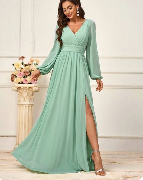 Green Bridesmaid Dresses With Sleeves, Long Green Bridesmaid Dresses, Mint Green Dresses, Mint Green Bridesmaid Dresses, Mint Bridesmaid Dresses, Long Sleeve Bridesmaid Dress, Dresses Western, Green Wedding Dresses, Sage Green Bridesmaid Dress