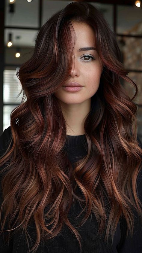 30 Balayage Hair Color Ideas to Define Your 2024 Style Deep Brown Auburn Hair, Red Brown Caramel Hair, Chocolate Hair Red Highlights, Chocolate Red Highlights, Cherry Brown Hair Color With Highlights, Auburn Hair On Black Hair, Cherry Brown Balayage Brunettes, Dark Color Melt Hair Brunettes, Burgandy Low Lights For Brown Hair