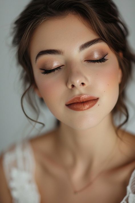 Makeup Looks Simple Glam, Brown Eyeshadow Bridal Makeup, Bridal Matte Makeup, Simple Wedding Makeup Bridesmaid, Bridal Makeup Eyeshadow, Bridal Brown Eyes Makeup, White And Brown Makeup, Simple Event Makeup, Simplistic Makeup Looks