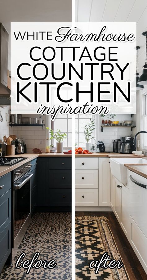 Cottage Kitchen Ideas–White Farmhouse Country Kitchen PICTURES White Cottage Farmhouse, White Country Kitchen, White Cottage Kitchens, Country Kitchen Inspiration, White Cottage Kitchen, White Kitchen Rustic, Cottage Kitchen Ideas, Cottage Kitchen Design, Kitchen Queen