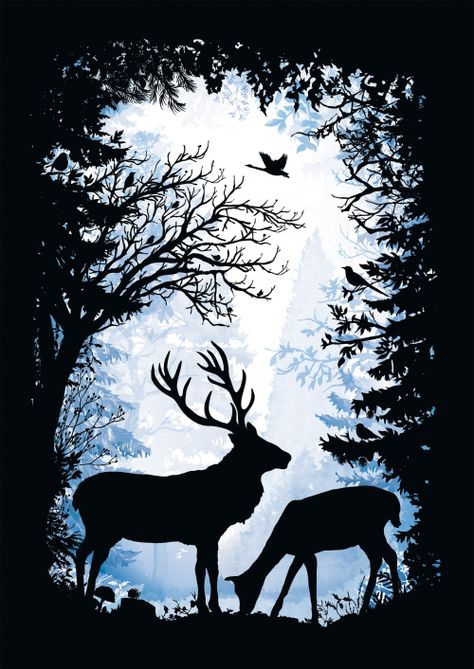 Illustration by Laura Barrett - Mendola Artists Ltd Deer Painting, Deer Silhouette, Silhouette Painting, Silhouette Illustration, Deer Art, Shadow Art, Animal Silhouette, Silhouette Art, Christmas Illustration