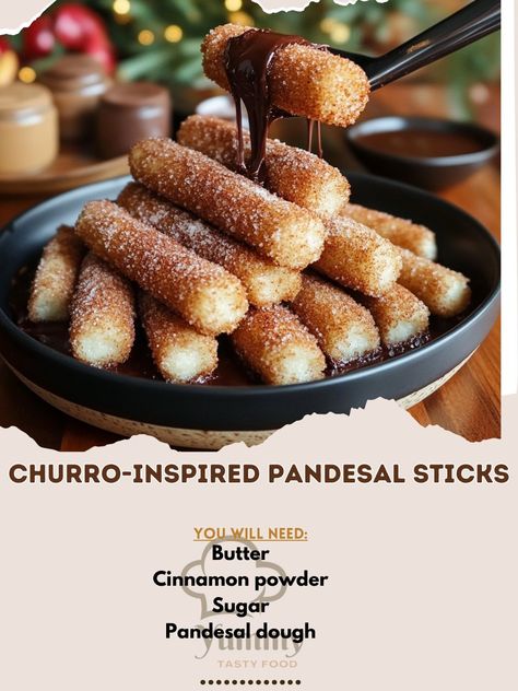 🍫🥖 Satisfy your sweet tooth with these Churro-Inspired Pandesal Sticks! Crispy and covered in cinnamon sugar! #ChurroPandesal Churro-Inspired Pandesal Sticks Ingredients: Pandesal dough (2 cups) Sugar (1/2 cup) Cinnamon powder (1 tsp) Butter (2 tbsp, melted) Chocolate sauce (1/4 cup, for dipping) Instructions: Roll pandesal dough into sticks and bake at 350°F (175°C) for 15 minutes. Brush with melted butter and coat with cinnamon sugar. Serve with chocolate dipping sauce. 🍫🥖 Crispy on the... Chocolate Dipping, Chocolate Dipping Sauce, Cozy Fall Recipes, Festive Drinks, Melted Chocolate, Cinnamon Powder, Chocolate Sauce, Hearty Soups, Cinnamon Sugar