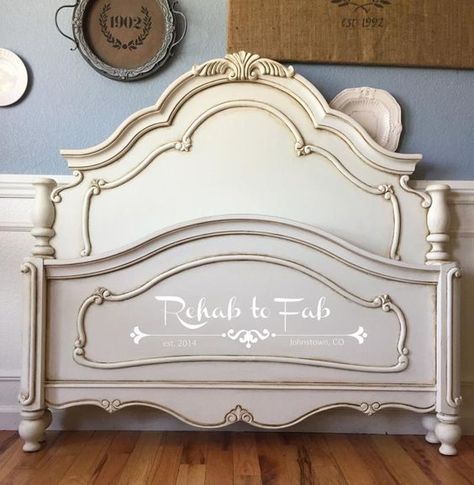 General Finishes Antique White Milk paint. Antiqued by using General Finishes Van Dyke brown glaze & sealed with their Flat Out Flat." Ornate Bed, Bed Makeover, French Style Bed, Painting Wooden Furniture, Painted Beds, White Furniture Living Room, White Bed Frame, Antique Beds, Style Bed