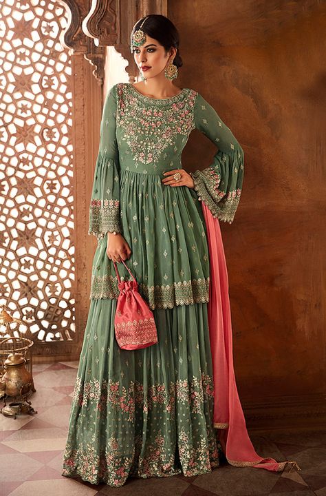 Green Sharara, Georgette Sharara, Gharara Suits, Designer Suits Online, Pakistani Designer Suits, Sharara Suit, Utsav Fashion, Peplum Styles, Pakistani Designers