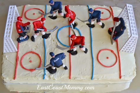 Simple DIY Hockey Cake... full ice Hockey Cupcakes, Hockey Birthday Cake, Hockey Cake, Hockey Cakes, Hockey Birthday Parties, Hockey Party, Hockey Birthday, Birthday Cake For Husband, Diy Birthday Cake