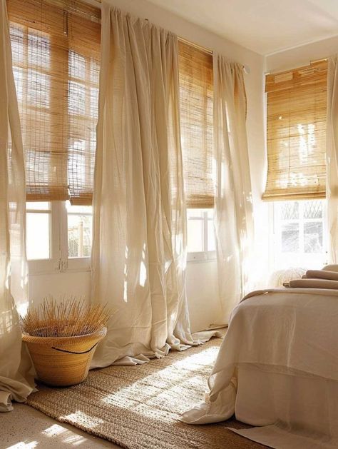 Short And Long Curtains Together, Alternative To Curtains Ideas, Cheesecloth Curtains Diy, Light Airy Curtains, Bedroom Window Dressing Ideas, Curtains For Low Ceilings, Curtain Interior Design, Curtain On Small Window, Linen Curtains Bedroom Ideas