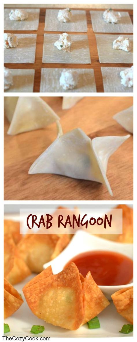 This crispy Crab Rangoon is just like from a restaurant and so fun and easy to make at home! Homemade Crab Rangoon, Chinese Night, Vegetarian Chinese Recipes, Rangoon Recipe, Crab Rangoon Recipe, Chinese Food Recipes, Recipes Chinese, Cooking Chinese Food, Crispy Wonton