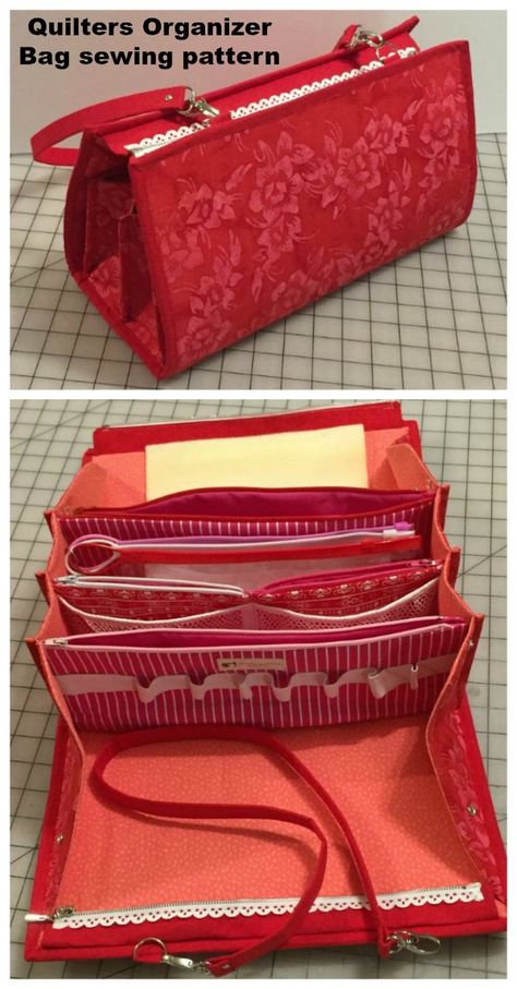 Sewing pattern for a quilter or sewing craft storage bag and organizer. An innovative bag that looks like a smart purse but opens out into a craft organizer with the perfect space and pocket for all your supplies. Quilting retreat bag sewing pattern. #SewABag #SewAOrganizerBag #BagSewingPattern #OrganizerBagSewingPattern #QuiltingRetreatBag Sew Together Bag, Messenger Bag Patterns, Craft Organizer, Quilted Bags, Bag Sewing Pattern, Sewing Room Organization, Modern Bag, Sew Ins, Diy Bags Purses