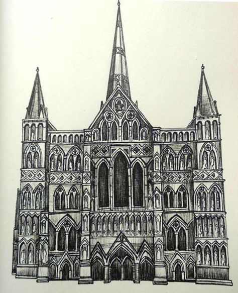 Salisbury Cathedral Drawing, Gothic Architecture Drawing Easy, Cathedral Drawing Easy, Epic Architecture, Europe Drawing, Cathedral Drawing, Gothic Architecture Drawing, Nice Landscape, Town Drawing