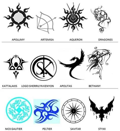 Dark Hunter book series symbols - I think for my 50 birthday, I am getting a tatto.  One of these for sure! Sherrilyn Kenyon Books, Sherrilyn Kenyon Dark Hunter, Chronicles Of Nick, Hunter Tattoo, Sherrilyn Kenyon, Rp Characters, Dark Hunter, Knit Ideas, Tattoo Meaning