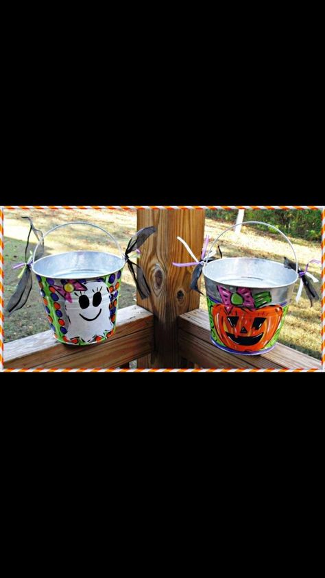 Tin Pails are painted to fit your needs!  Can be customized to match a costume or kept in a general theme!   Also available for everyday occasions as well as Easter Baskets!!  Please Visit & LIKE me on facebook! www.facebook.com/waywardwhimsy Painted Metal Buckets, Painted Buckets, Trick Or Treat Basket, Galvanized Metal Bucket, Metal Buckets, Diy Pineapple, Bucket Ideas, Treat Basket, Painting Metal