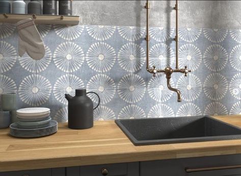 Blue Patterned  wall and floor tiles in Sydney Blue Backsplash Kitchen, Bathroom Feature Wall, Tile Design Pattern, Blue Backsplash, Mediterranean Tile, Tile Showroom, Floor Tile Design, Patterned Floor Tiles, Mediterranean Design