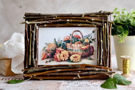 DIY Twig Frame: (Rustic!) - The Graphics Fairy Twig Mirror, Photo Frame Ideas, Foam Stamps, Paper Rosettes, Christmas Ephemera, Bathroom Diy, Frame Ideas, Fairy Friends, How To Make Stickers