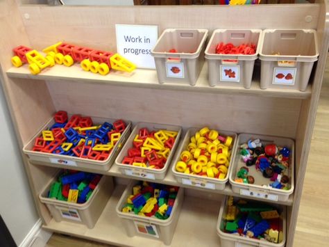 Small world construction with saving shelf for models at Huddersfield Early Excellence Preschool Construction Area, Construction Area Early Years, Construction Area Ideas, Early Excellence, Preschool Construction, Learning Centers Preschool, Reception Classroom, Classroom Arrangement, Eyfs Classroom