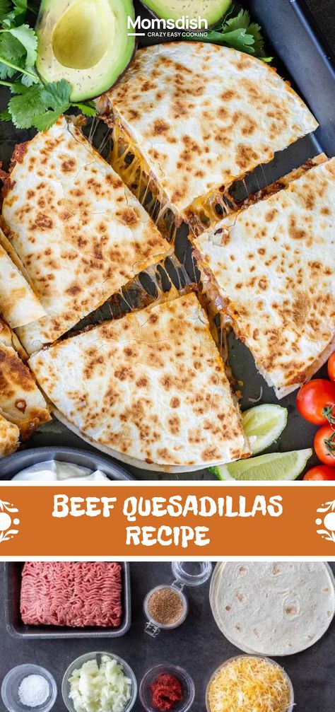 This tasty recipe for ground Beef quesadillas is packed with tender ground Beef and oozing with melty cheese. Great for dipping, sharing, and snacking! Hamburger Meat Quesadilla, Ground Beef Recipes Wraps, Hamburger Quesadilla Recipes, Ground Beef Quesadilla Recipes, Recipe For Ground Beef, Quesadilla Recipes Beef, Ground Beef Quesadillas, Beef Quesadillas, 30 Min Meals