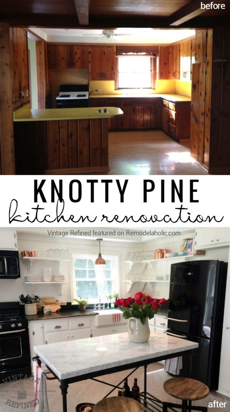 Knotty Pine Kitchen Cabinet and Paneling Renovation @Remodelaholic Kitchen White Gloss, Knotty Pine Kitchen Cabinets, Knotty Pine Cabinets, Knotty Pine Kitchen, White Gloss Cabinets, Pine Kitchen Cabinets, Knotty Pine Walls, Painting Kitchen Cabinets White, Pine Cabinets